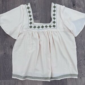 bobeau Cream Square-Neck Embroidered Peasant Top